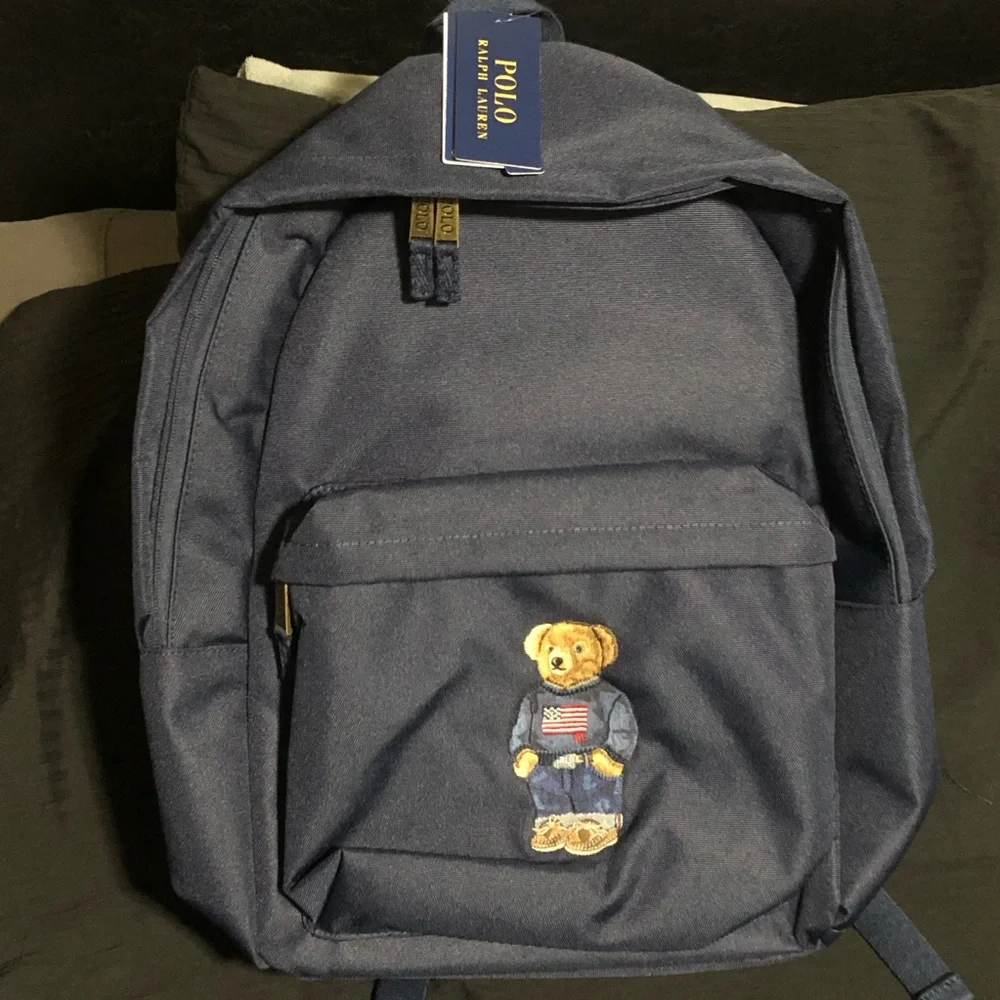 Polo Ralph Lauren Backpack Full Size Laptop Unisex Navy Blue Bear School Bag